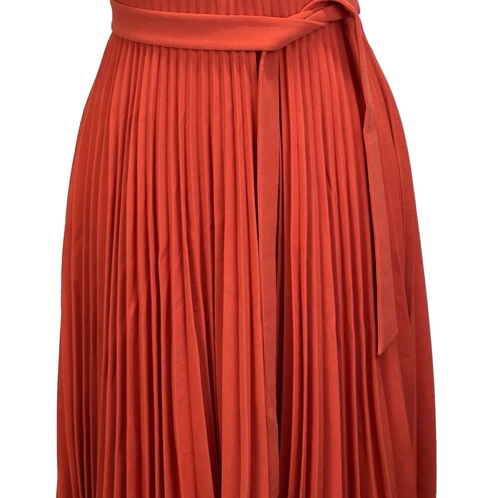 Karen Millen Dress Sz 8 Accordion Midi Skirt Sleeveless Lined Orange Stretch - Picture 3 of 10